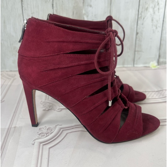 BCBGeneration Laced Up Tie Open Toe Burgundy Faux Suede Stiletto Bootie Boots 8 - Picture 3 of 16